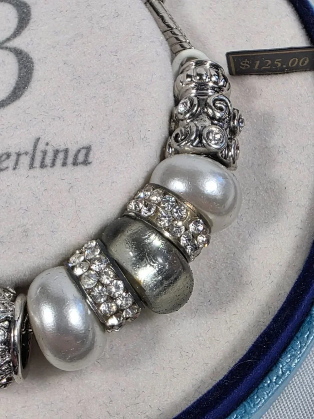 Bella Perlina Silver-Tone Charm Bracelet White Pearl Beads Crystal Accents NEW